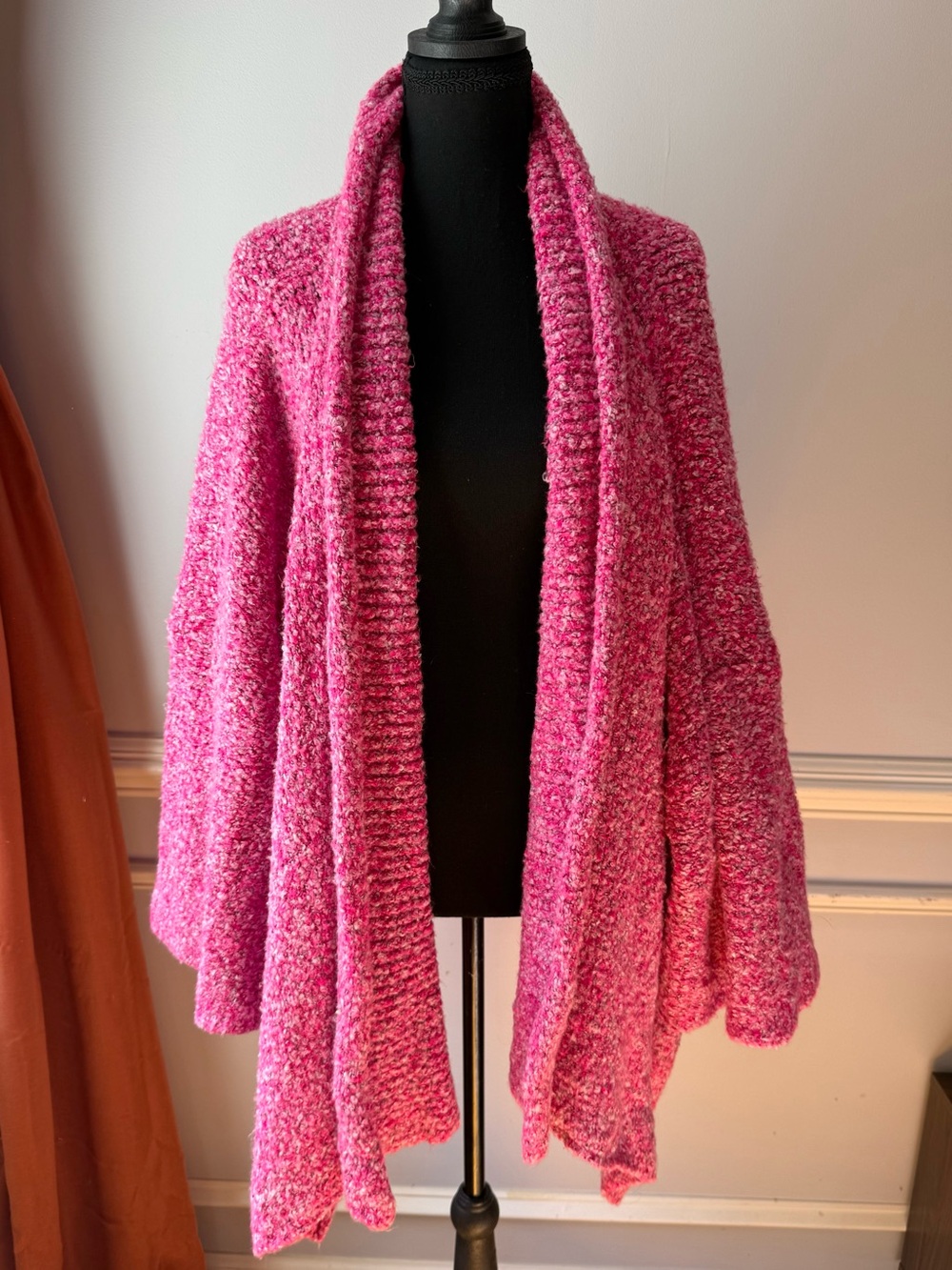 Free People Pink Boucle Oversized Open Front Draped Cardigan Sweater L